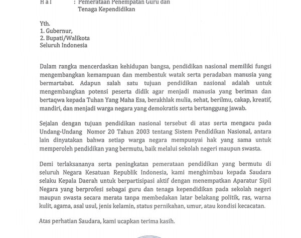 Surat Edaran Kemendibud Tentang Pemerataan Penempatan Guru dan Tenaga Kependidikan